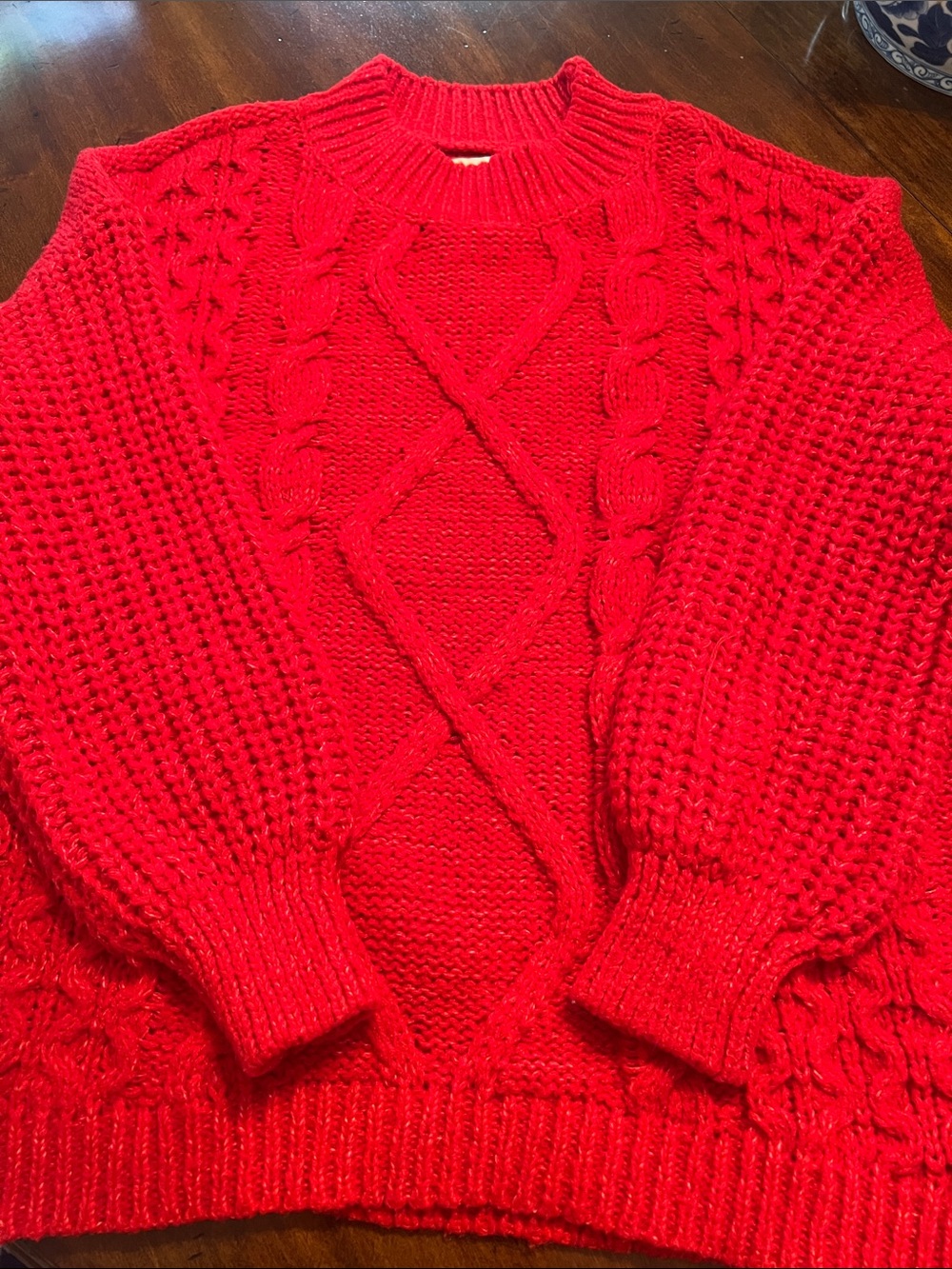 SO Bright Red Fisherman Cable Knit Crewneck Sweater